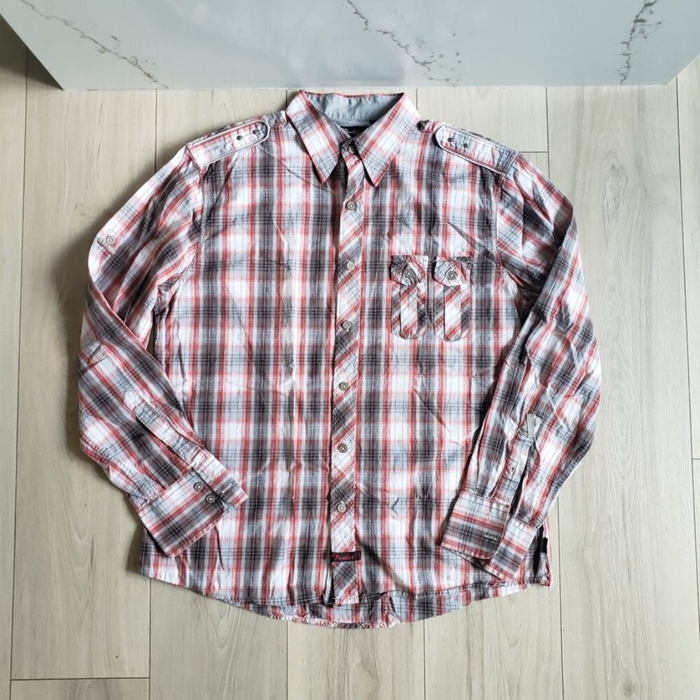 Fender by Rock & Roll Religion Shirt Mens XL Red Gray Plaid Button Up Western